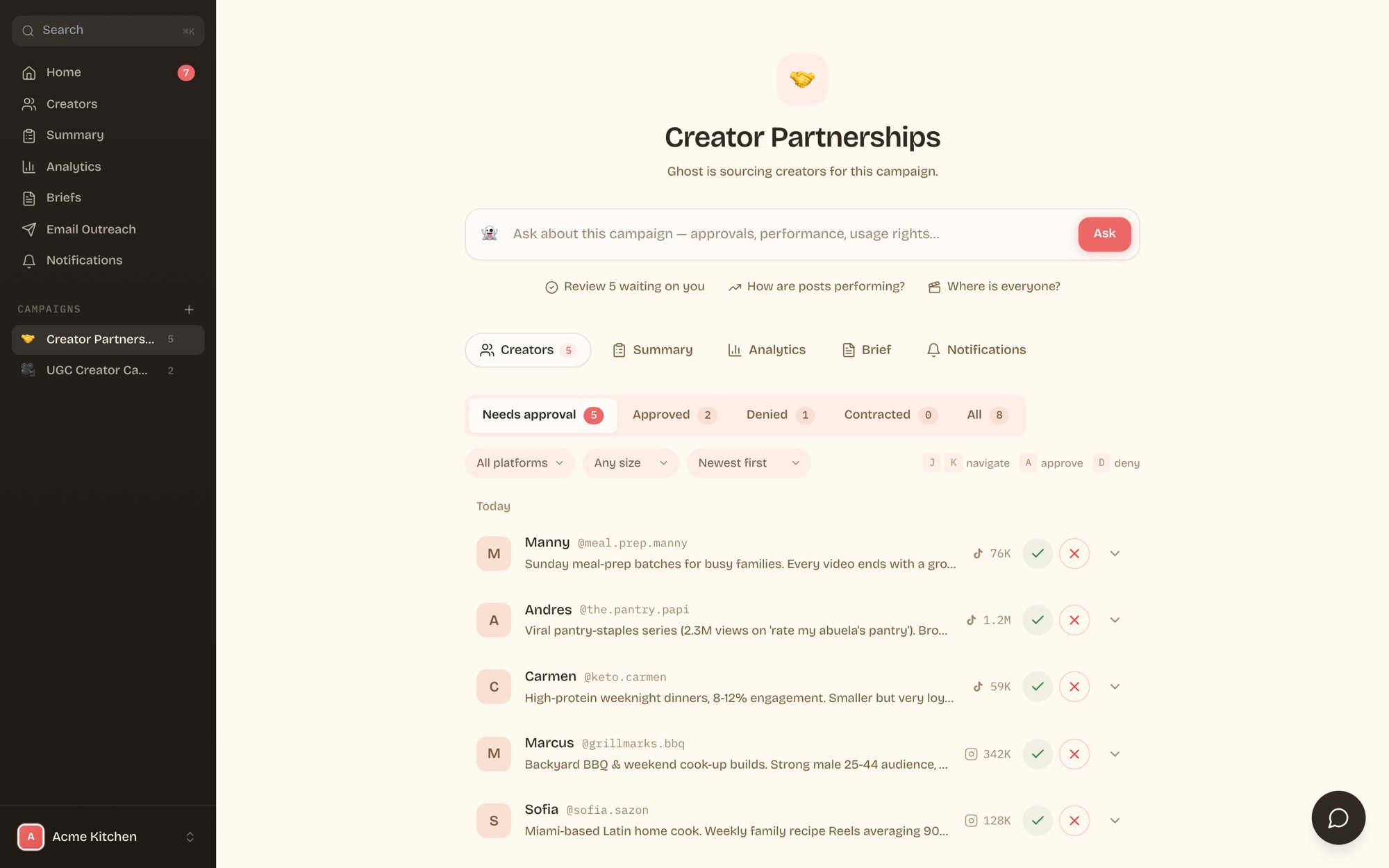 Campaign creator queue with approve and deny buttons