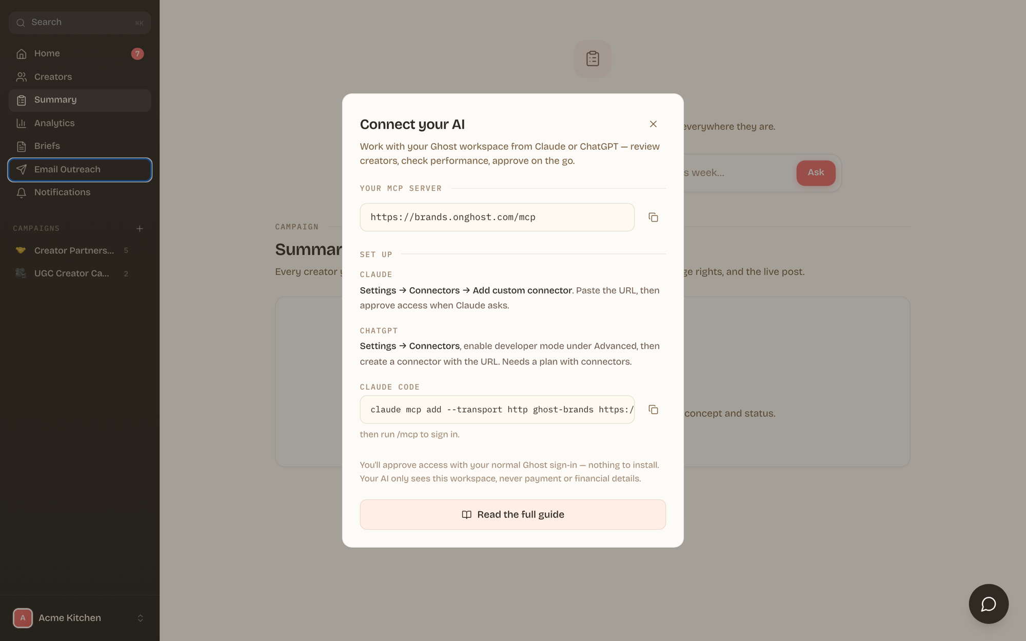 Connect your AI dialog with MCP server URL and setup instructions