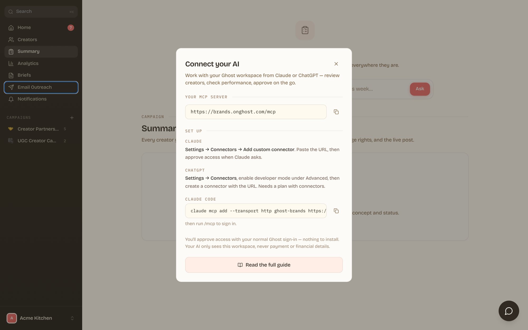 Connect your AI dialog with MCP server URL and setup instructions