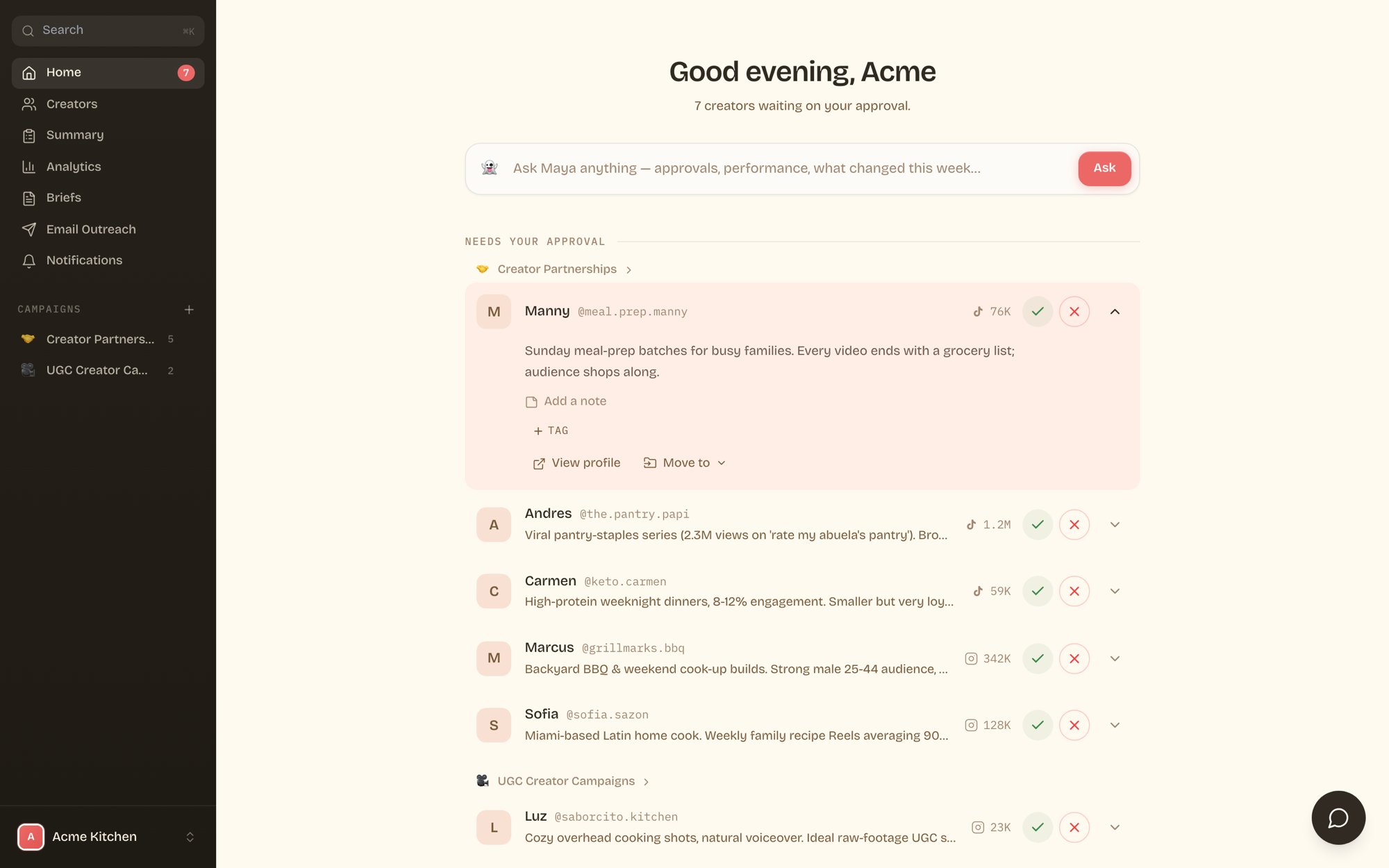 Expanded creator row showing note, tag, view profile, and move options