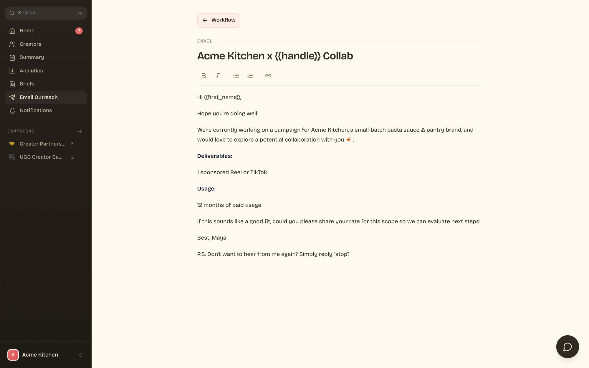 Email copy editor with personalization variables