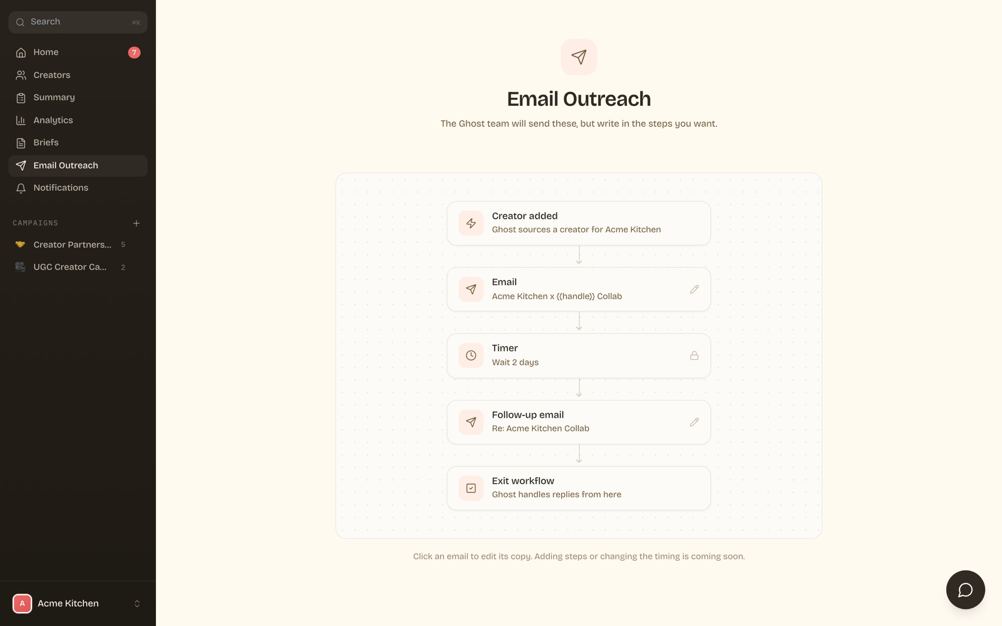 Email outreach workflow showing email, timer, and follow-up steps