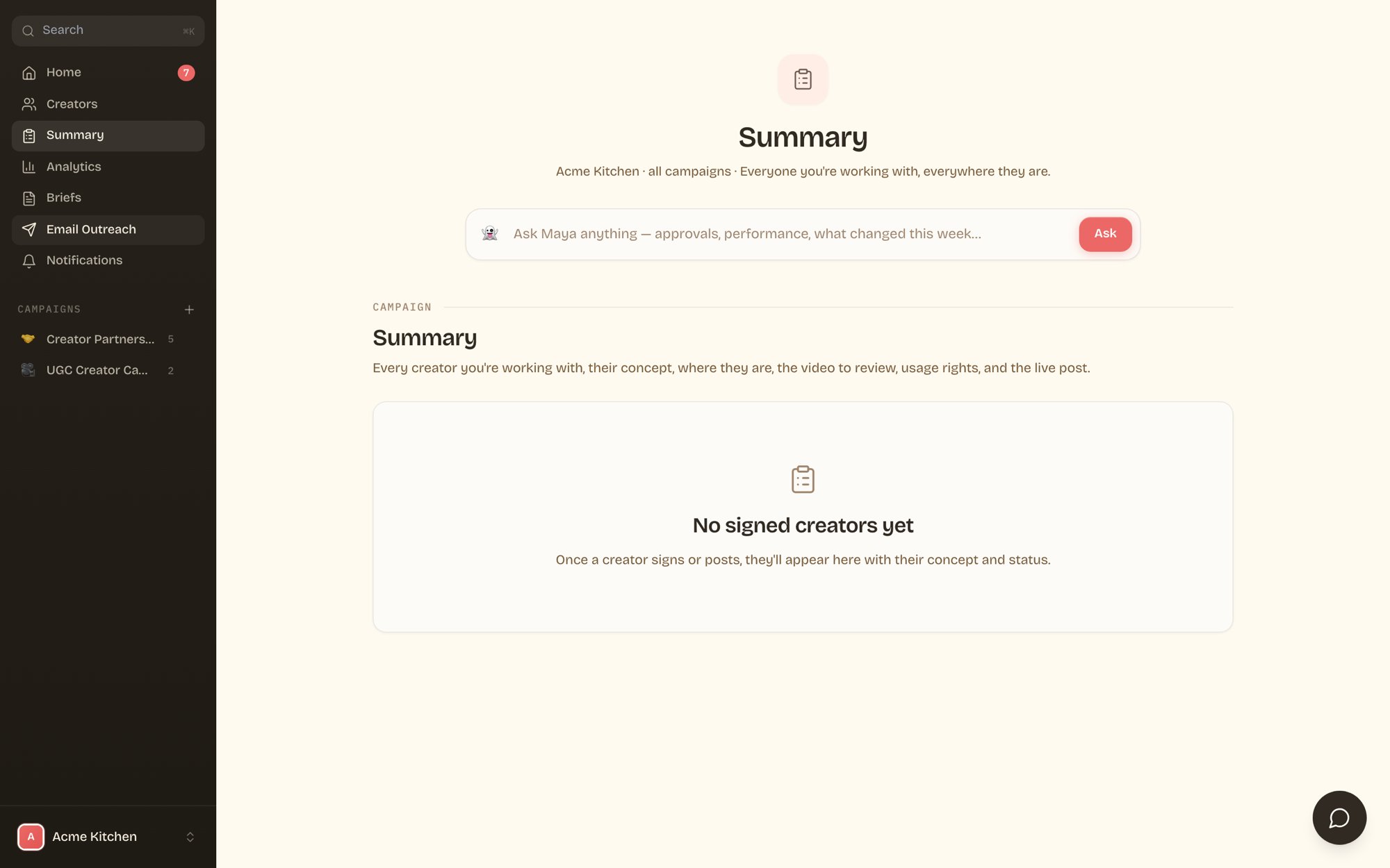 Summary view listing signed creators and their status