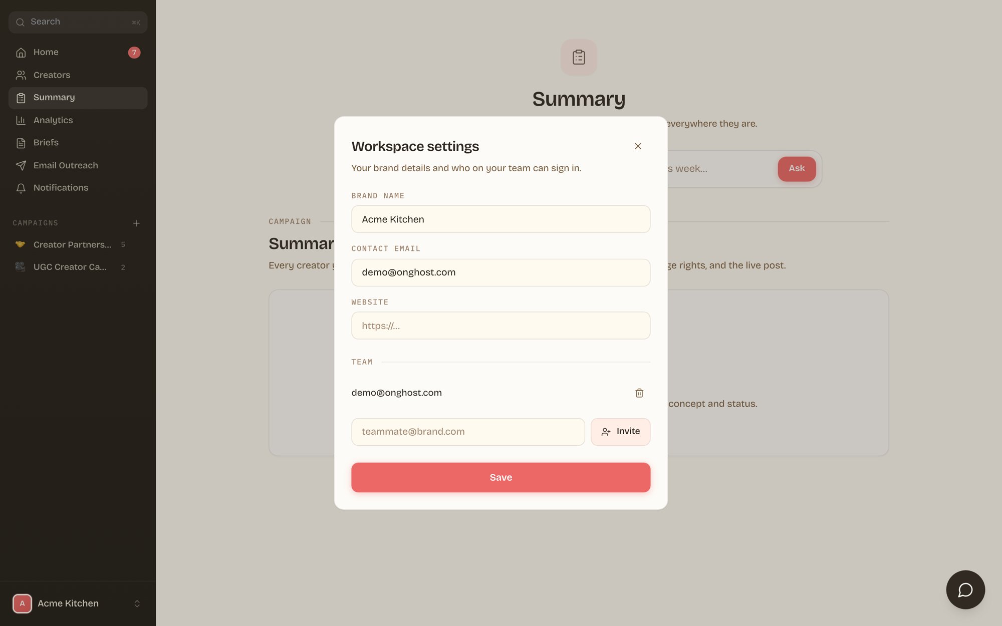 Workspace settings dialog with brand details and team invites