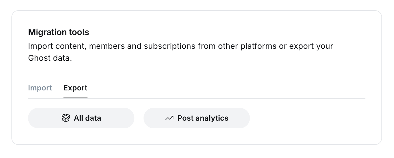 The Export tab in Ghost Admin's migration tools, showing the All data and Post analytics buttons