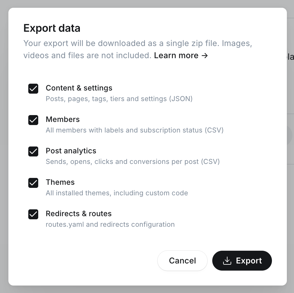 The Export data dialog on a self-hosted site, with checkboxes for content & settings, members, post analytics, themes, and redirects & routes