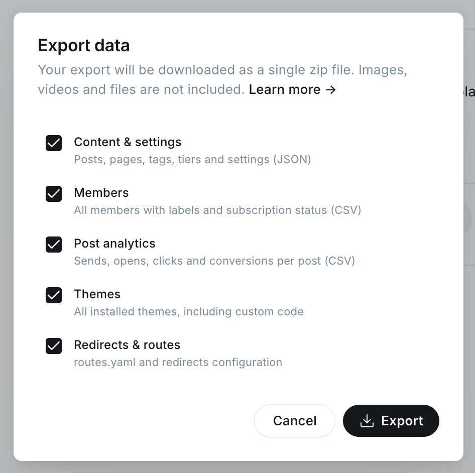 The Export data dialog on a self-hosted site, with checkboxes for content & settings, members, post analytics, themes, and redirects & routes