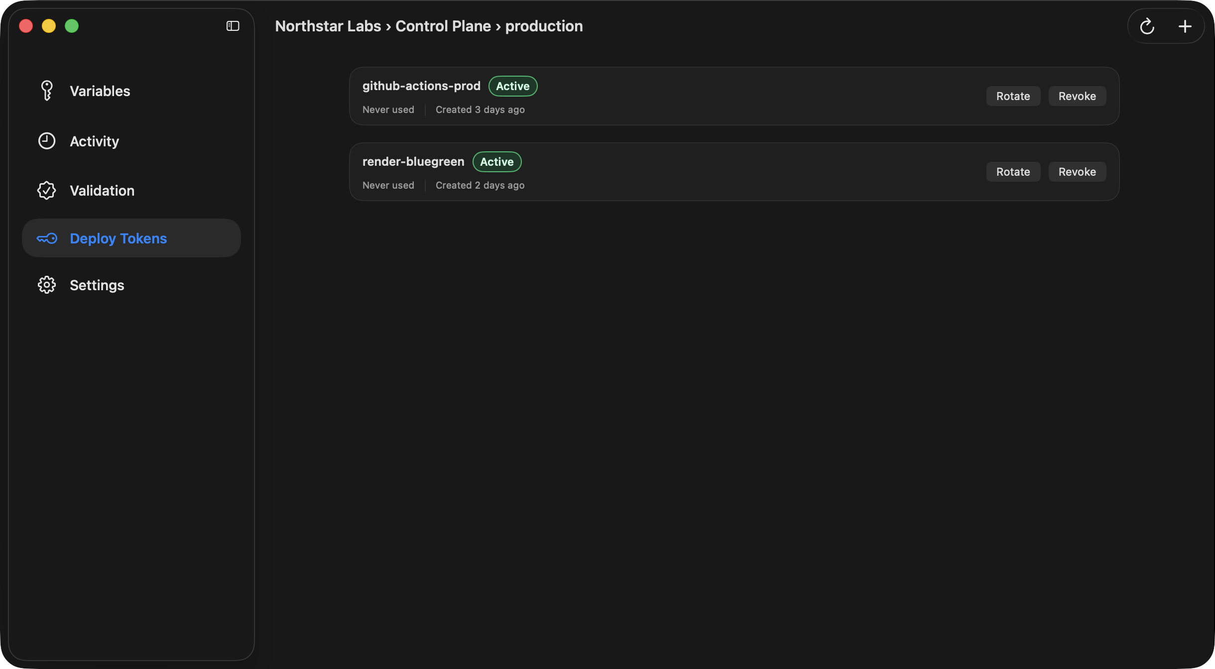 Ghostable desktop environment window showing the Deploy Tokens section with existing tokens and the create action.