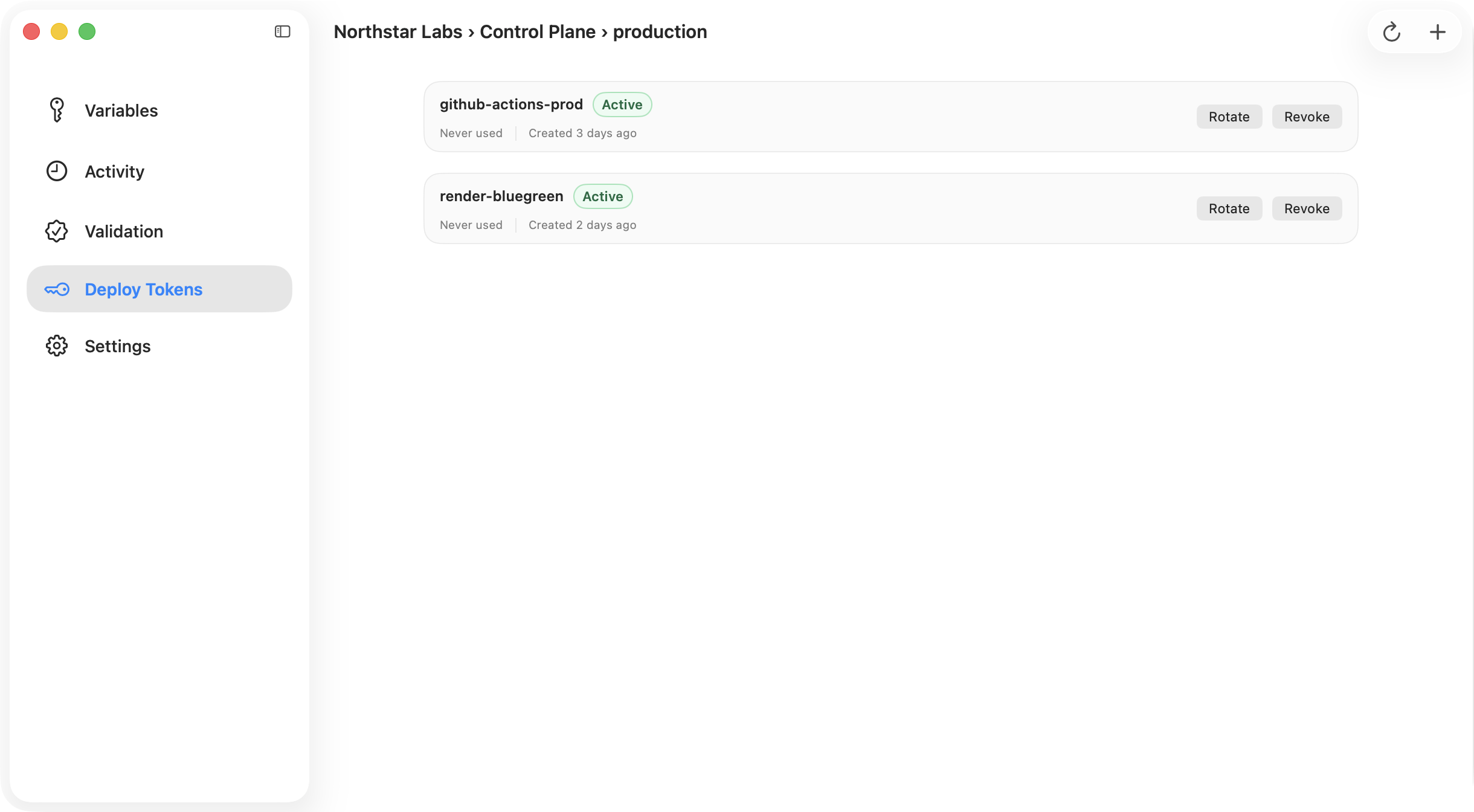 Ghostable desktop environment window showing the Deploy Tokens section with existing tokens and the create action.