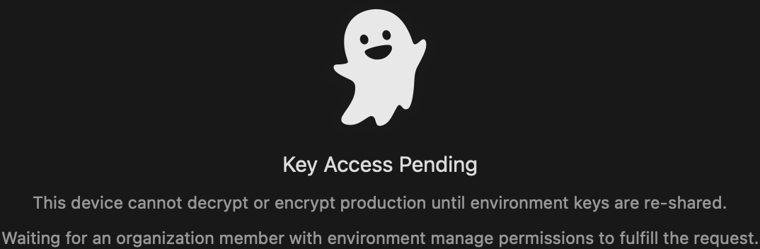 Ghostable desktop environment window showing the Key Access Pending state while the Northstar device still needs a key re-share.