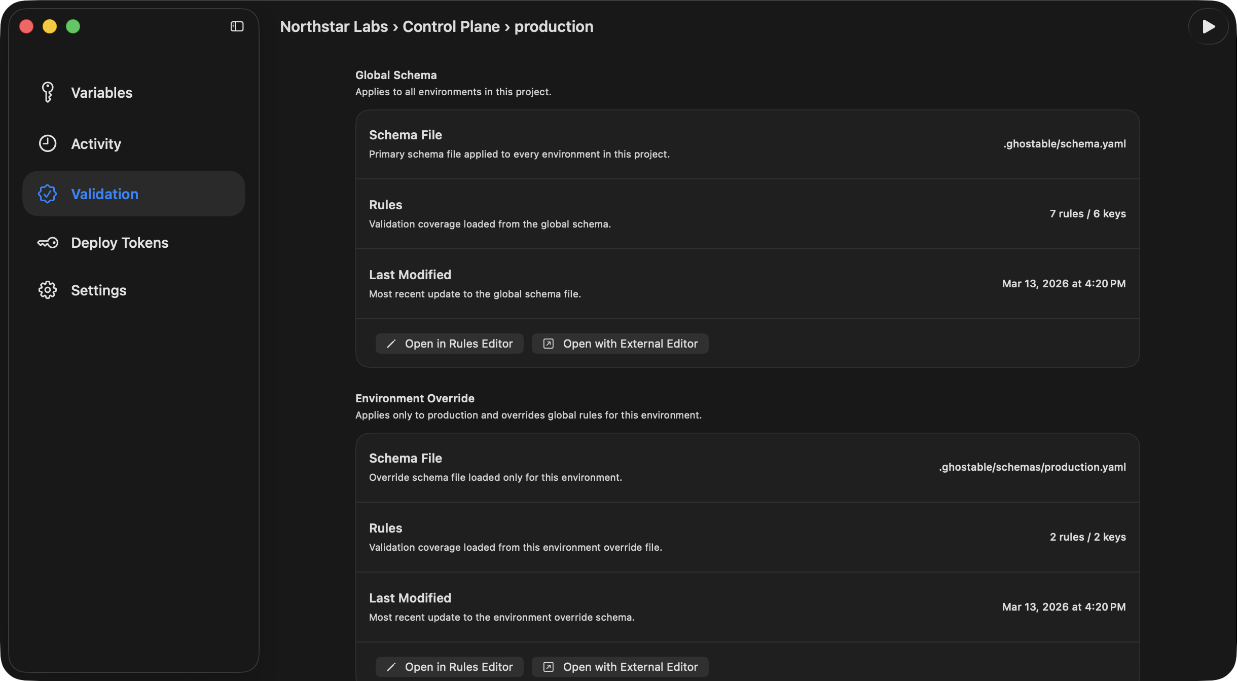 Ghostable desktop environment validation view showing the environment override section and validation actions.