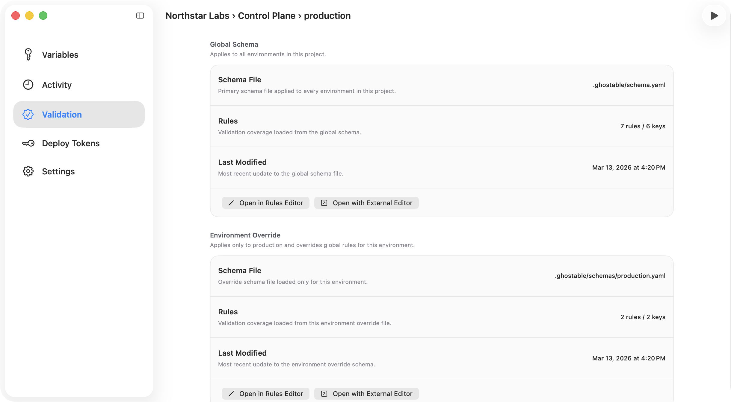 Ghostable desktop environment validation view showing the environment override section and validation actions.