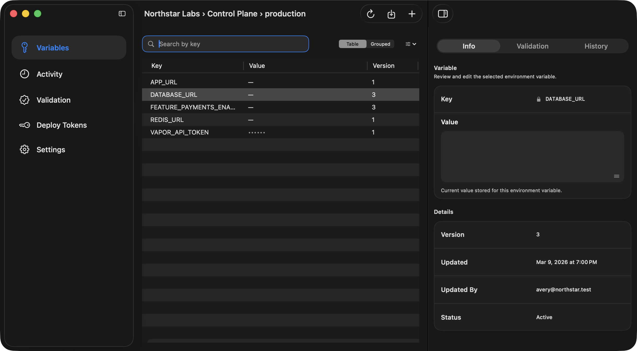 Ghostable desktop environment window showing a selected variable with the detail pane open for metadata, validation, and history.
