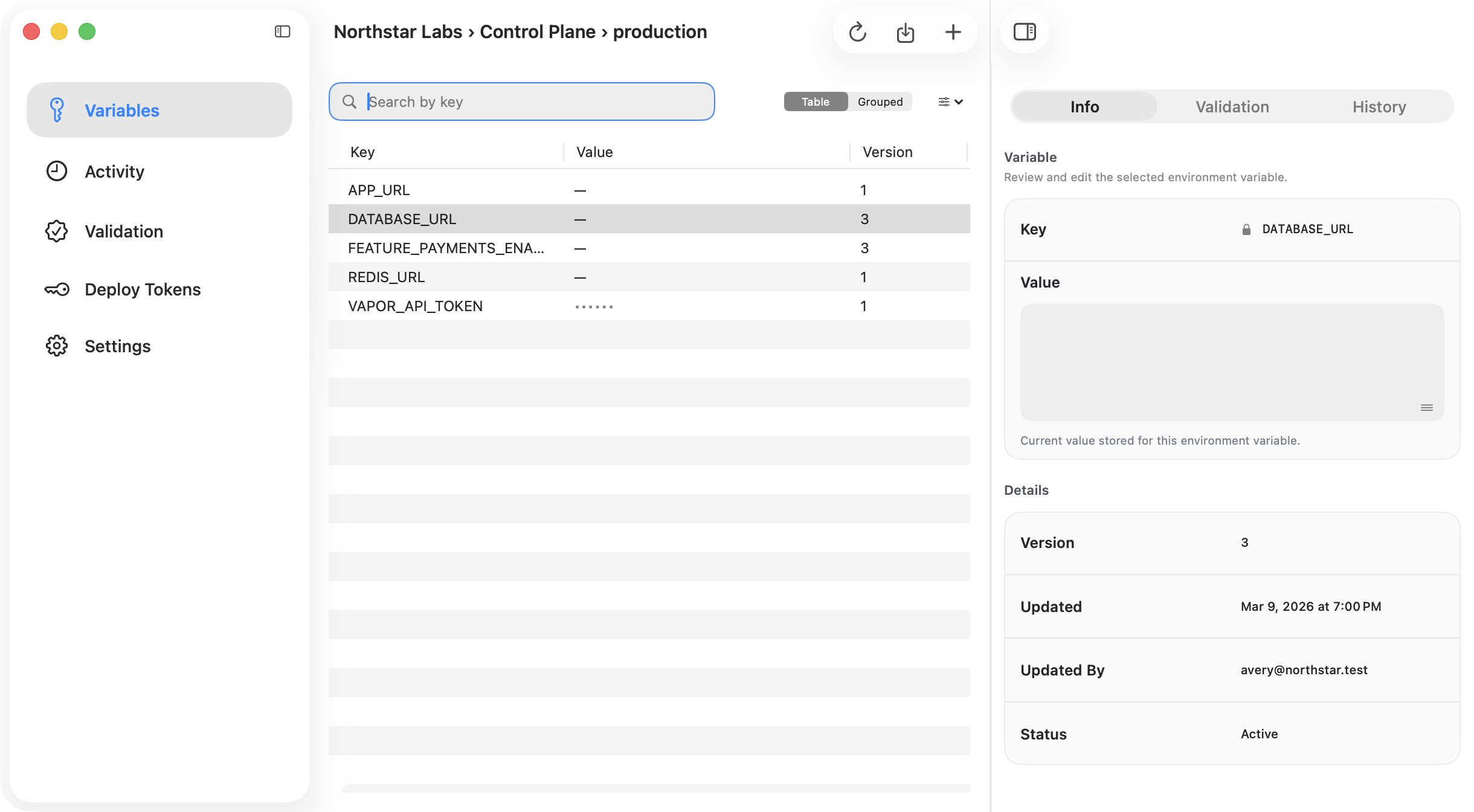 Ghostable desktop environment window showing a selected variable with the detail pane open for metadata, validation, and history.