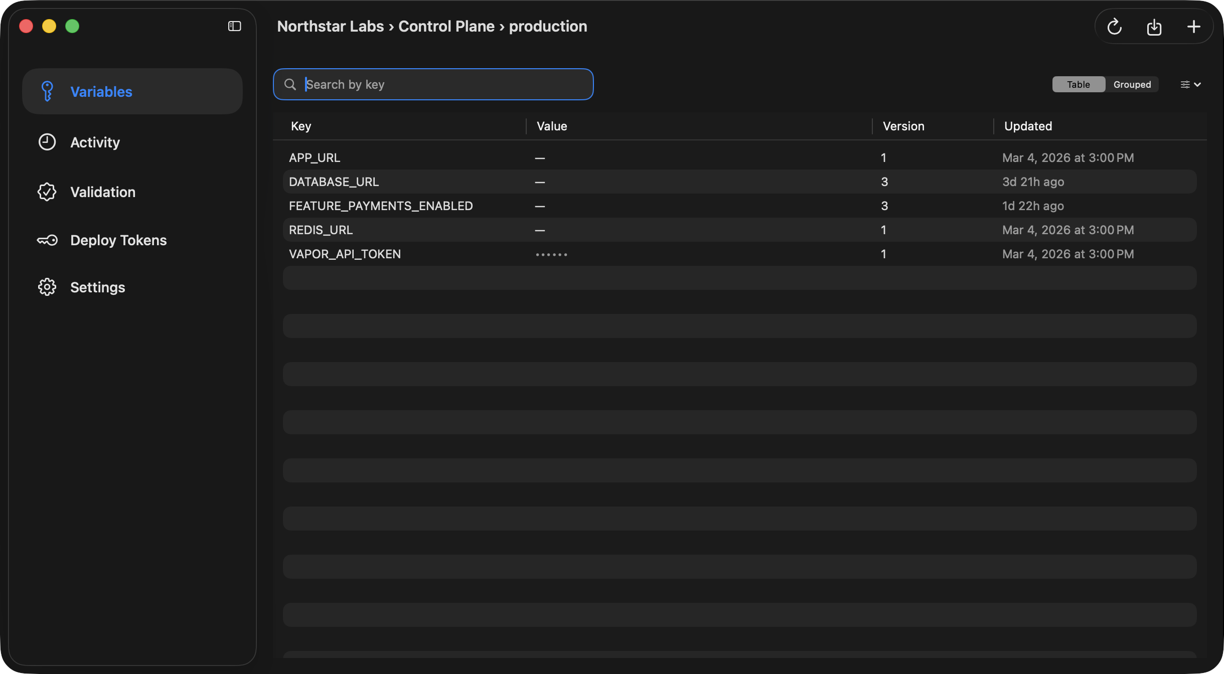 Ghostable desktop environment window showing the variables view with search, variable rows, and the import and export controls.