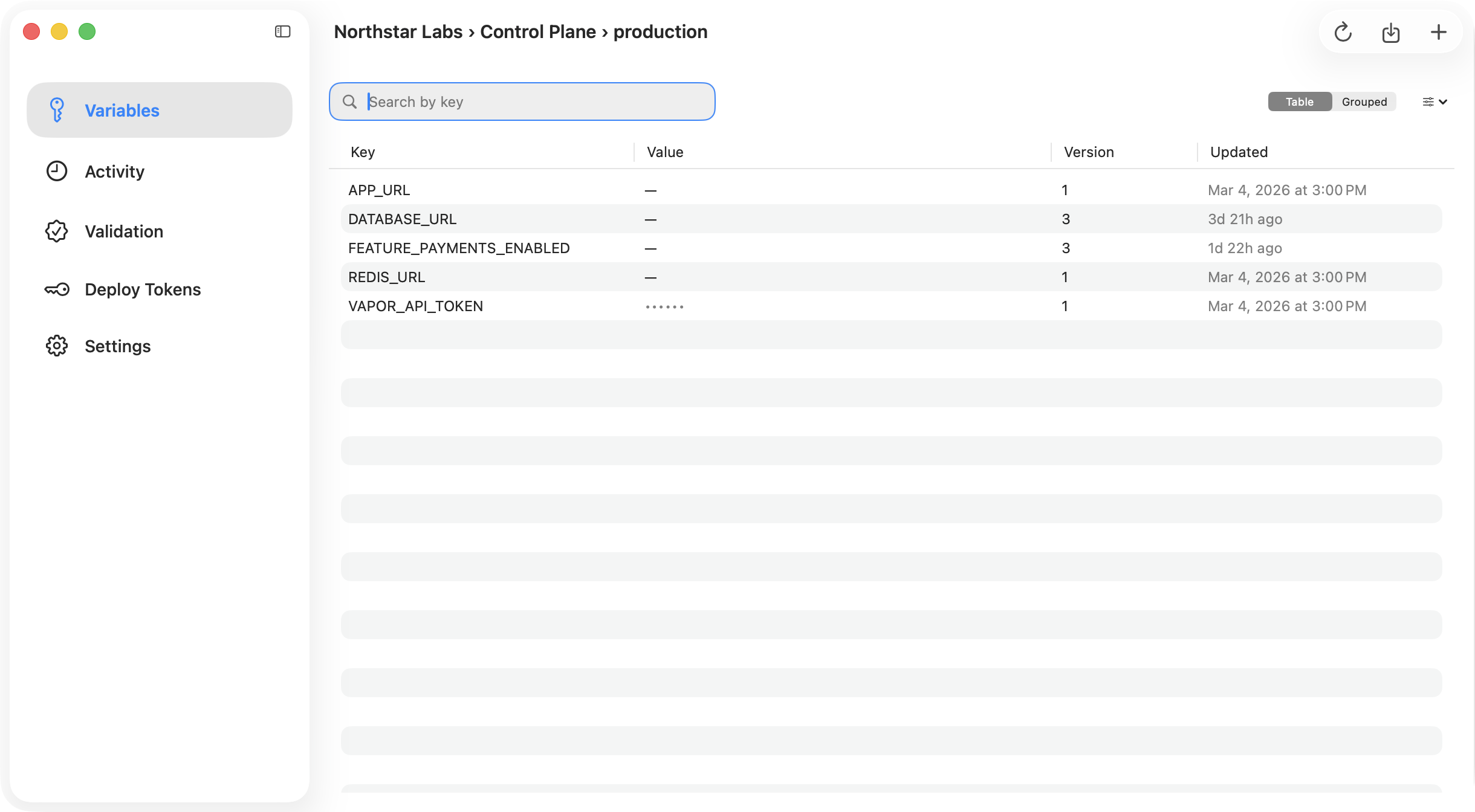 Ghostable desktop environment window showing the variables view with search, variable rows, and the import and export controls.