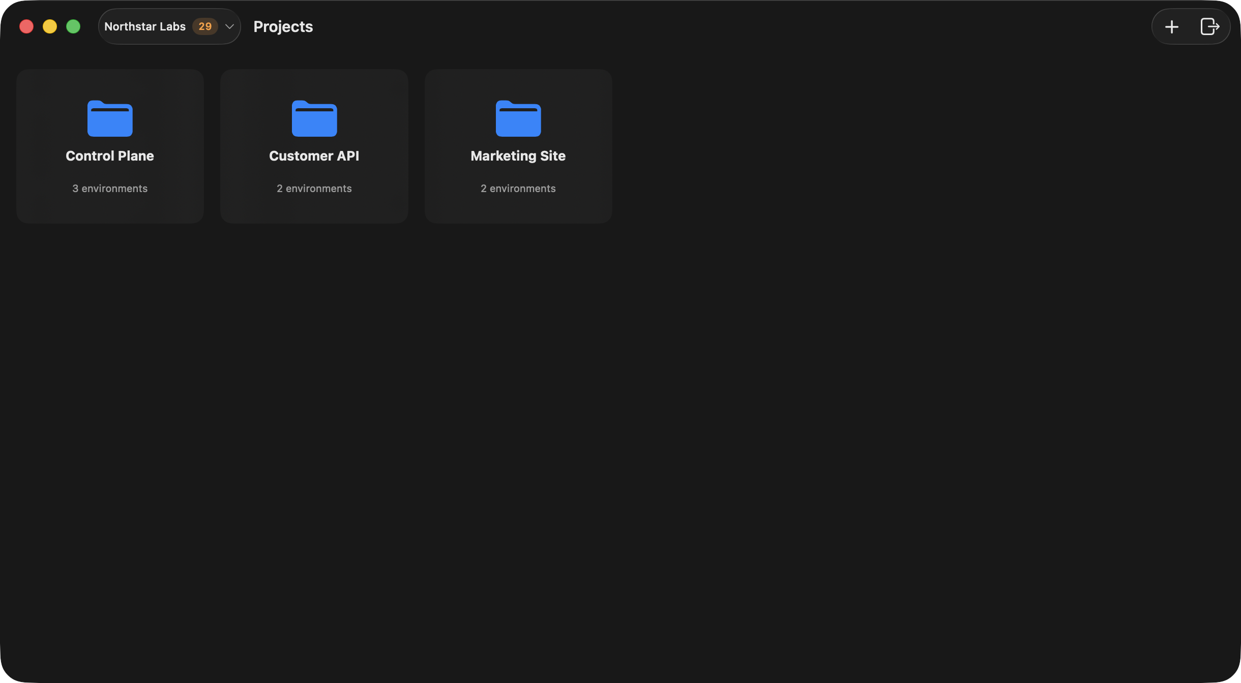 Ghostable desktop launcher signed into Northstar Labs and showing the project list and primary toolbar actions.