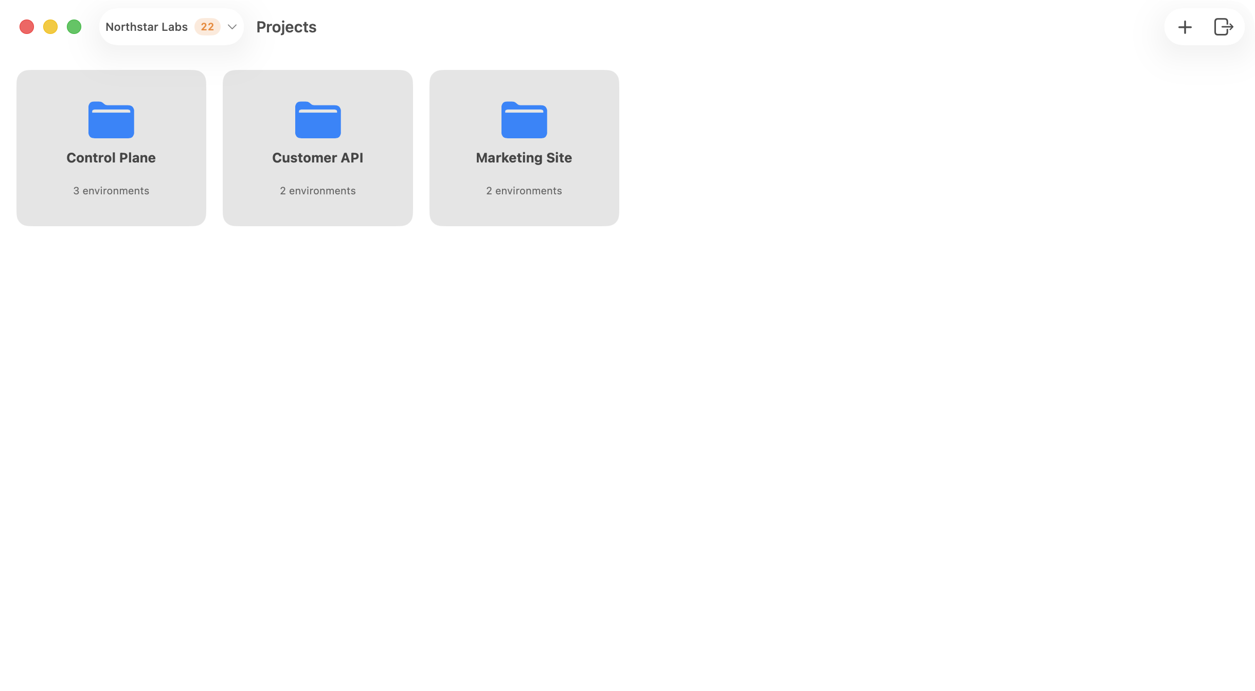 Ghostable desktop launcher signed into Northstar Labs and showing the project list and primary toolbar actions.