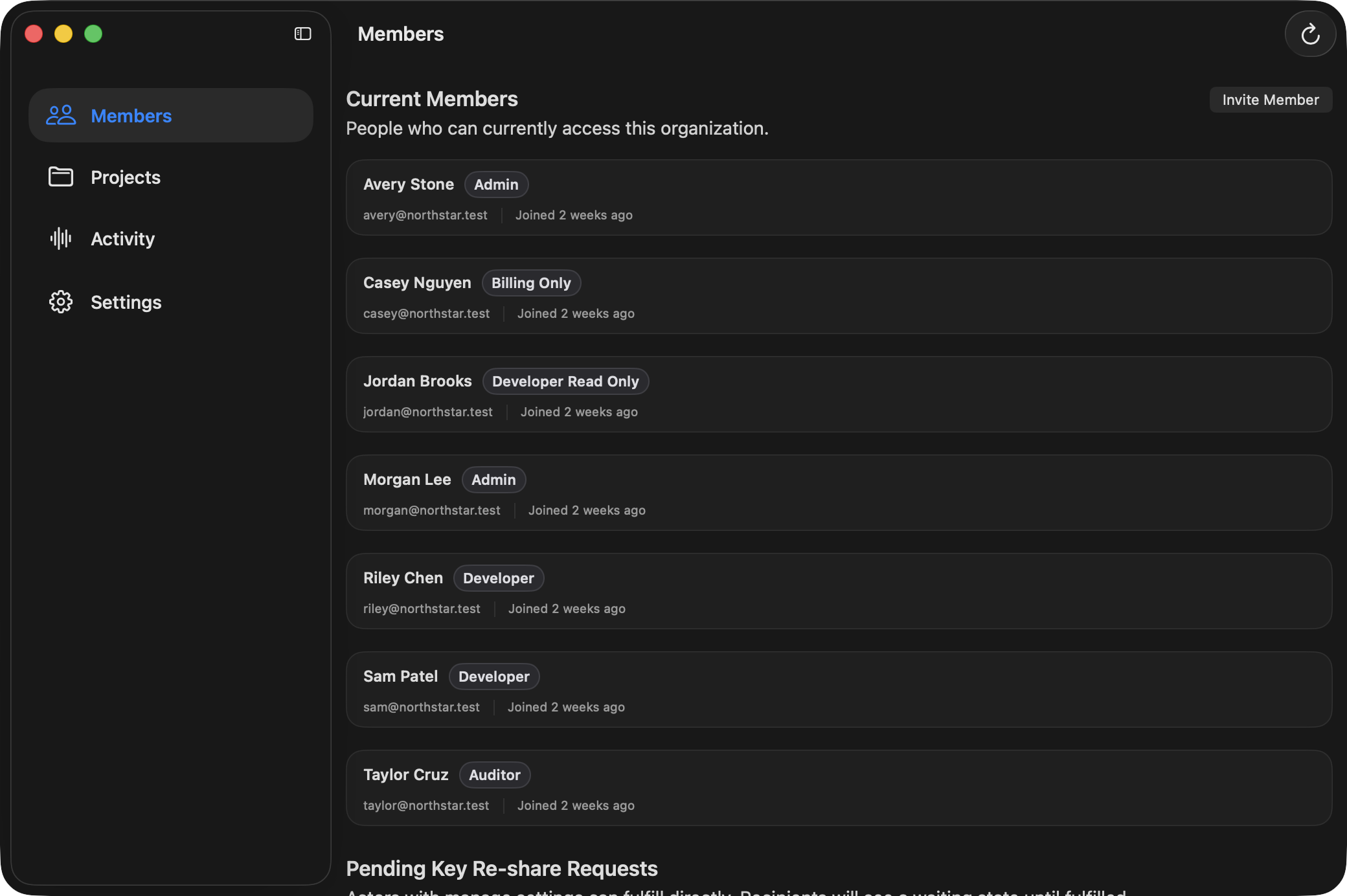 Ghostable desktop organization manager window showing the Northstar Labs members section and organization navigation sidebar.