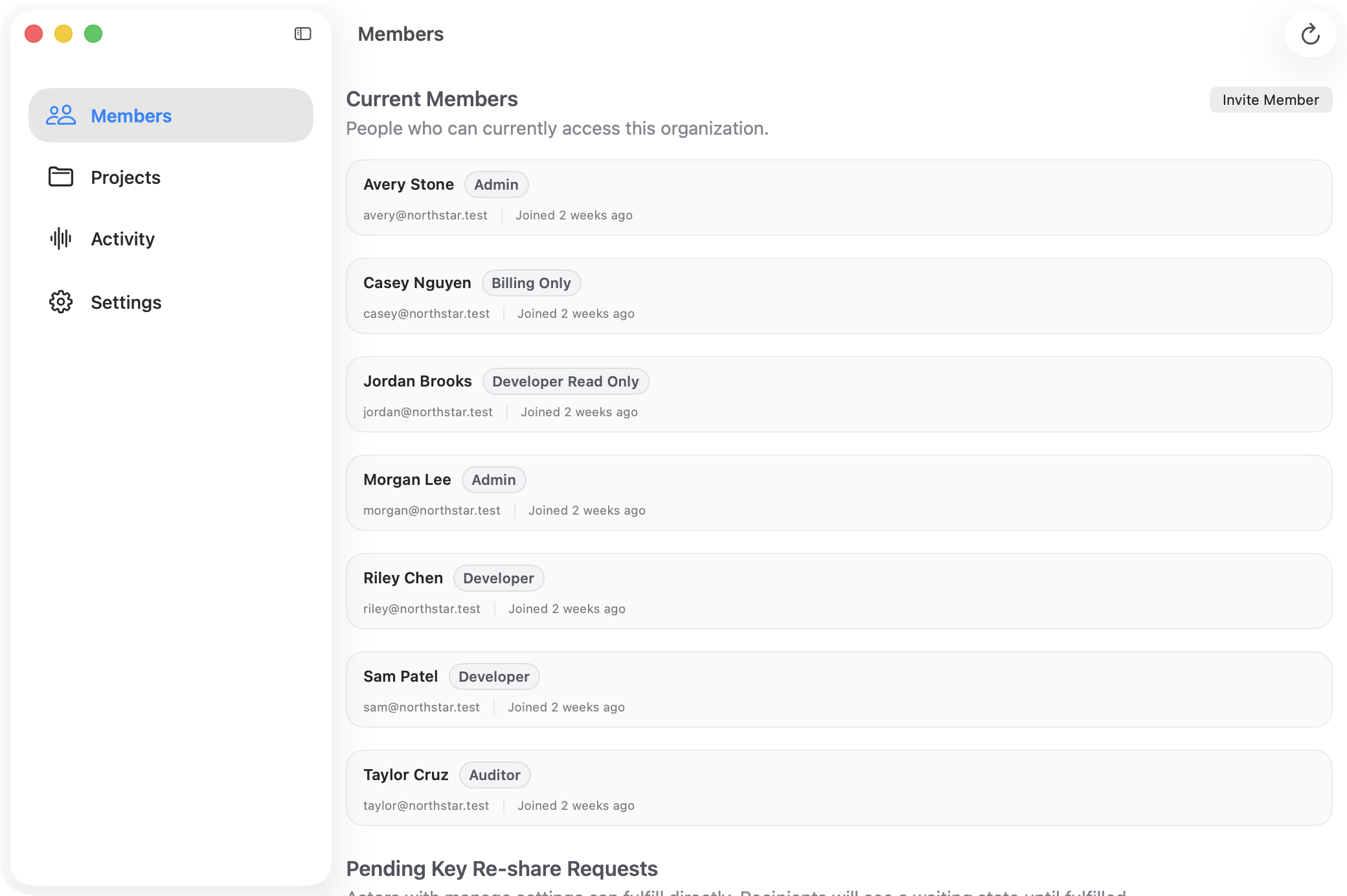 Ghostable desktop organization manager window showing the Northstar Labs members section and organization navigation sidebar.