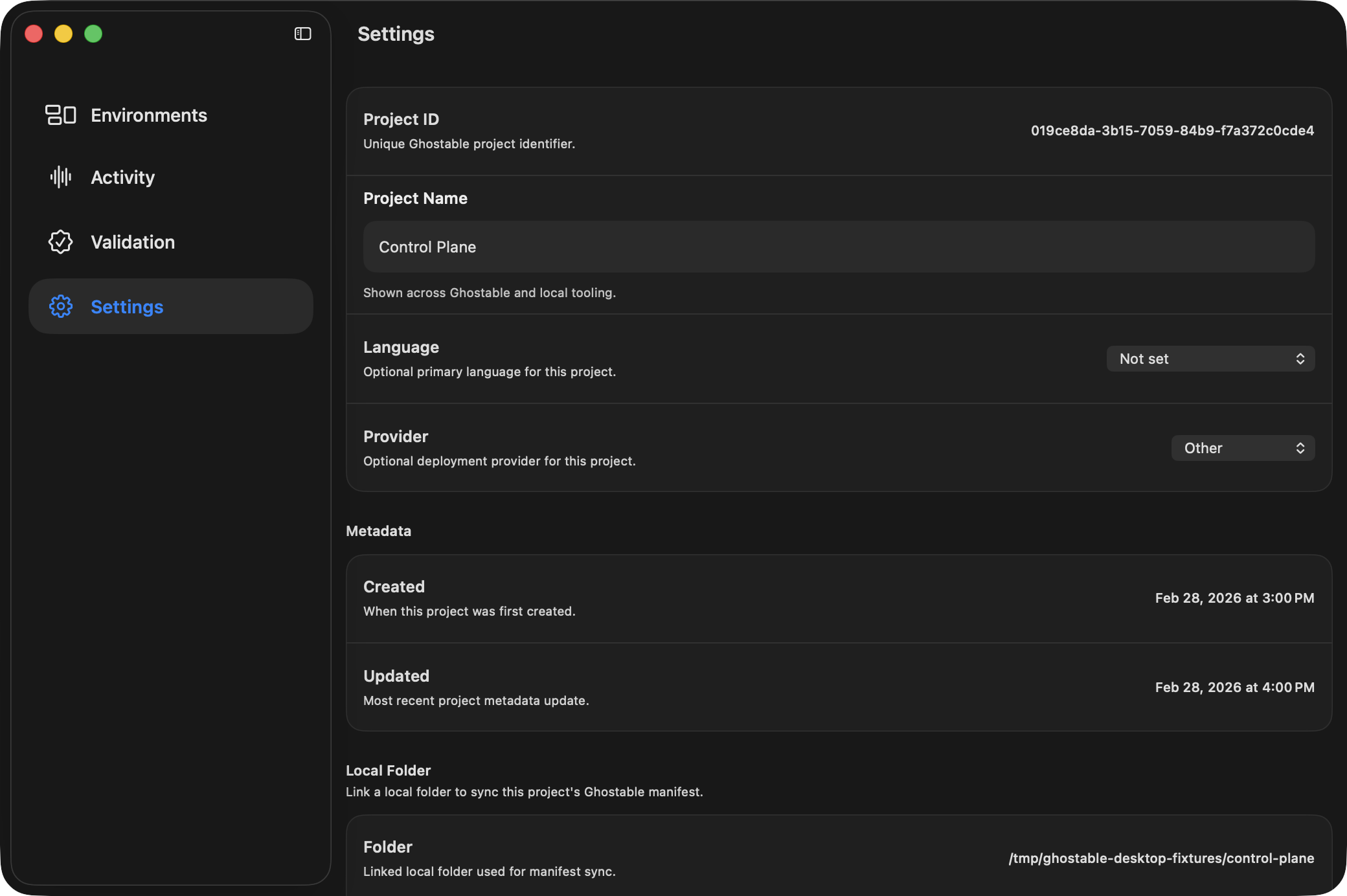 Ghostable desktop project settings view showing the linked local folder path and manifest path for the Control Plane project.