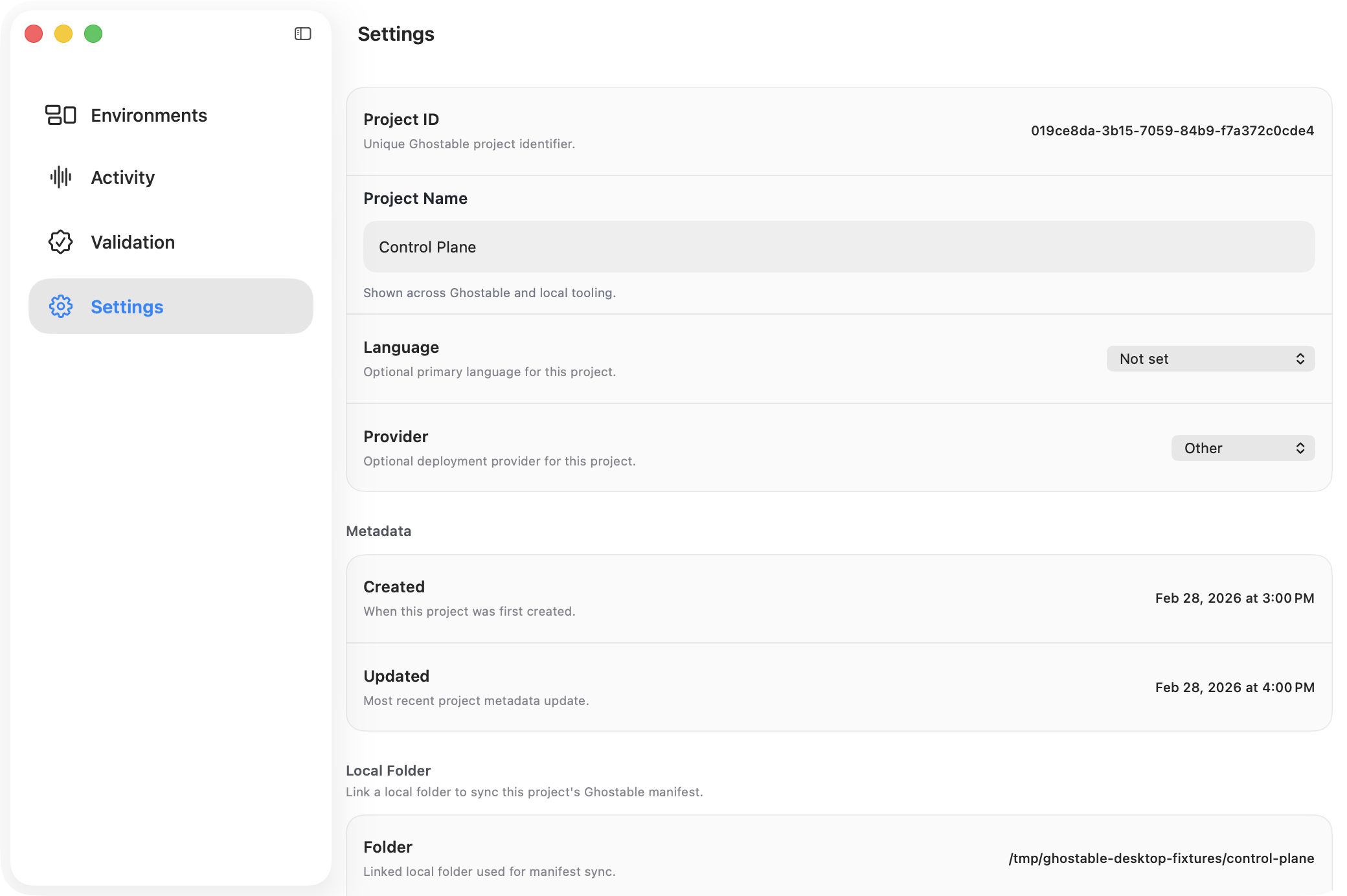 Ghostable desktop project settings view showing the linked local folder path and manifest path for the Control Plane project.