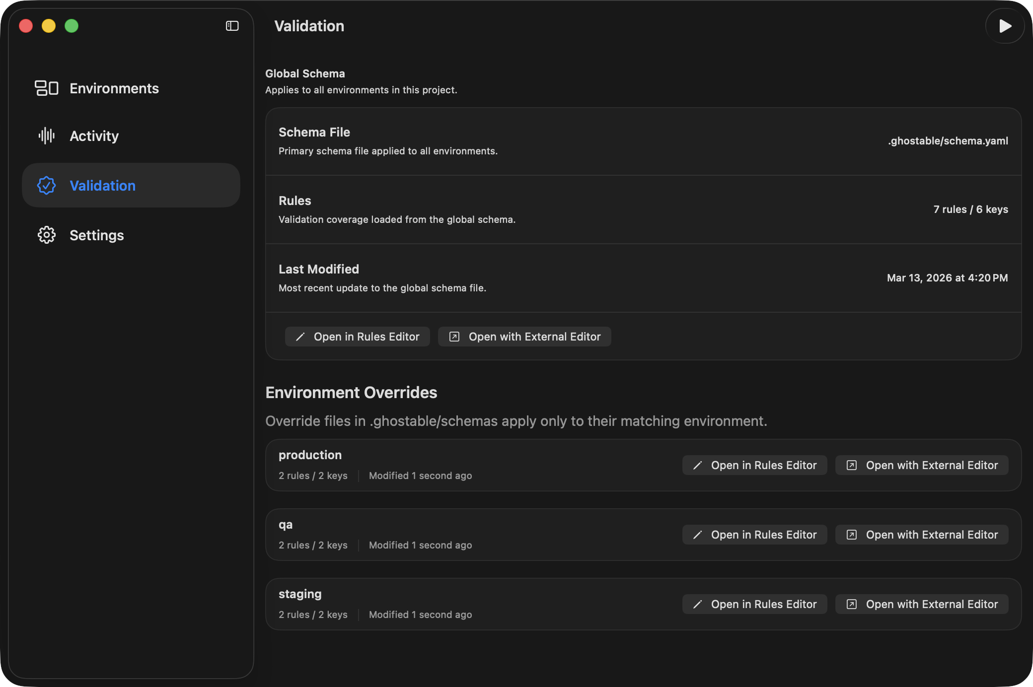 Ghostable desktop project validation view showing the global schema summary, environment overrides, and the run validation action.
