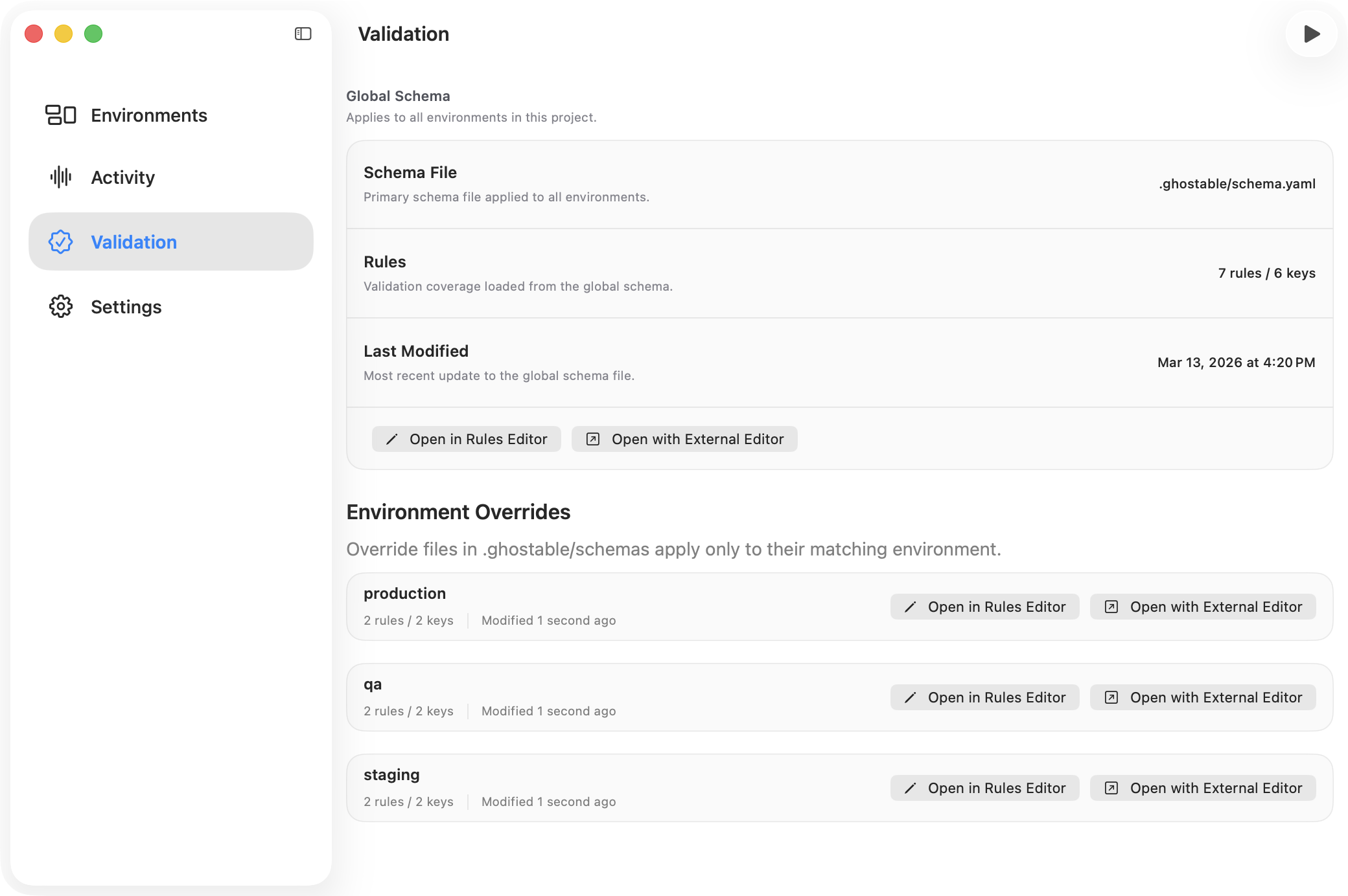 Ghostable desktop project validation view showing the global schema summary, environment overrides, and the run validation action.