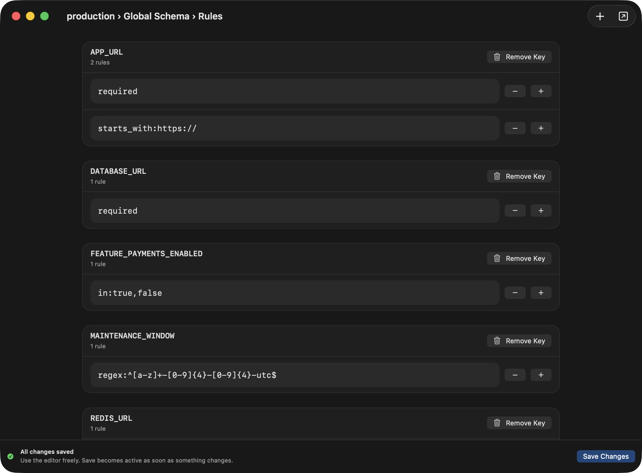 Ghostable desktop Rules Editor window showing the global schema with add key and add rule controls.
