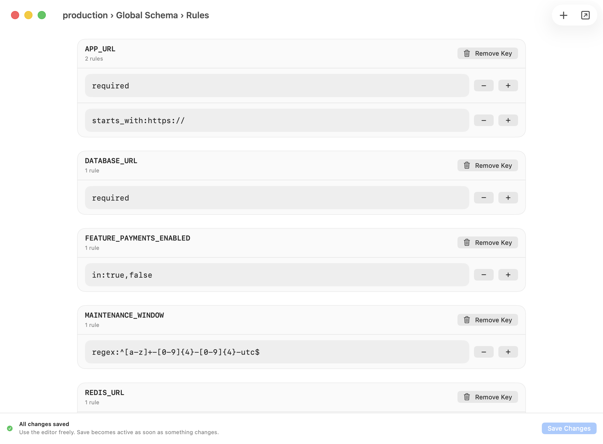 Ghostable desktop Rules Editor window showing the global schema with add key and add rule controls.