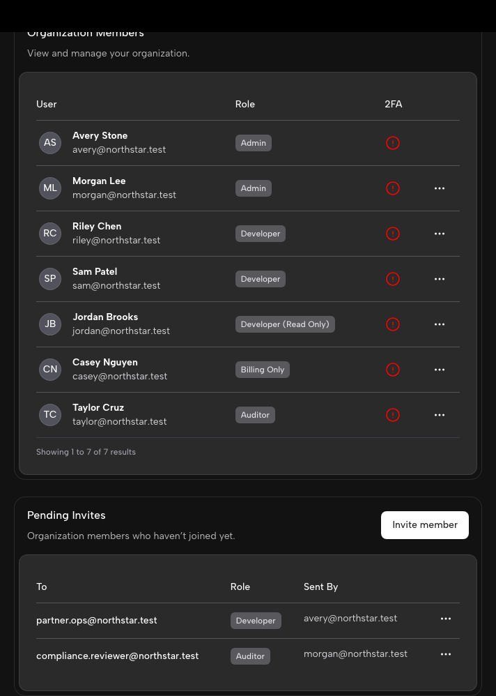 Ghostable organization settings showing members and pending invitations in the web app.