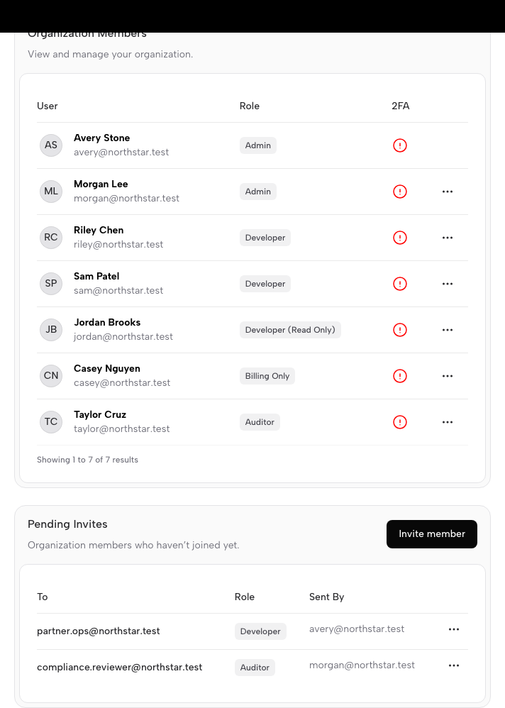 Ghostable organization settings showing members and pending invitations in the web app.