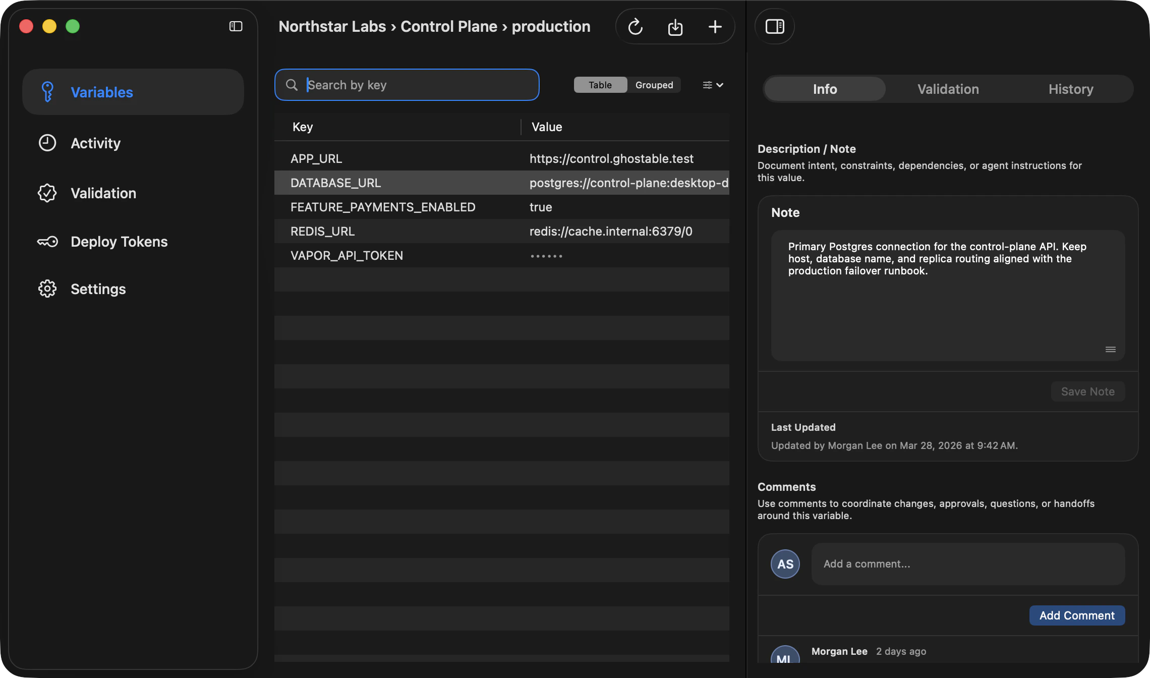 Ghostable desktop environment detail pane focused on the comments thread for a selected variable.