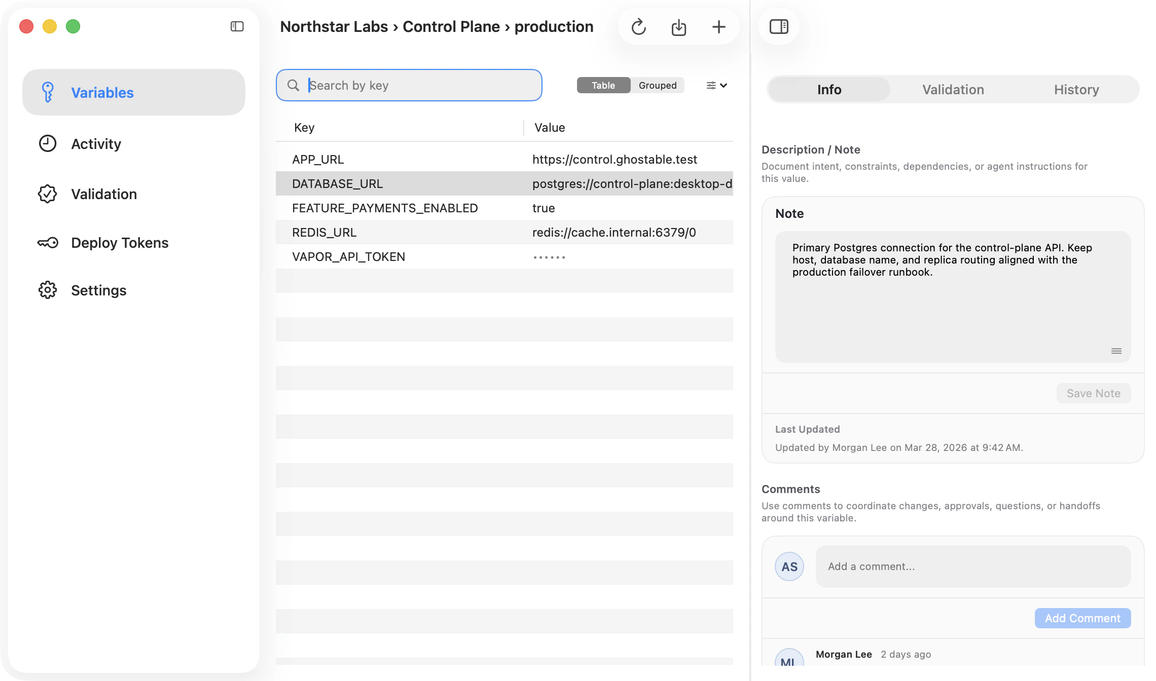 Ghostable desktop environment detail pane focused on the comments thread for a selected variable.