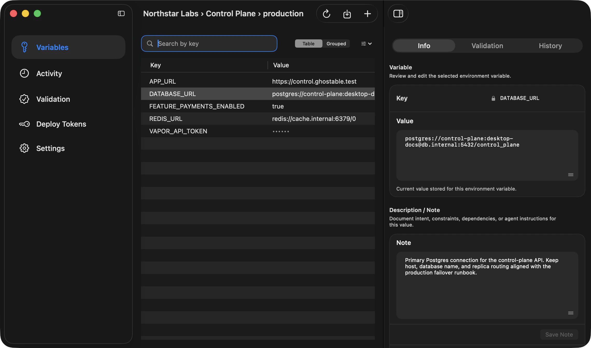 Ghostable desktop environment window showing a selected variable with the detail pane open on the Info tab.
