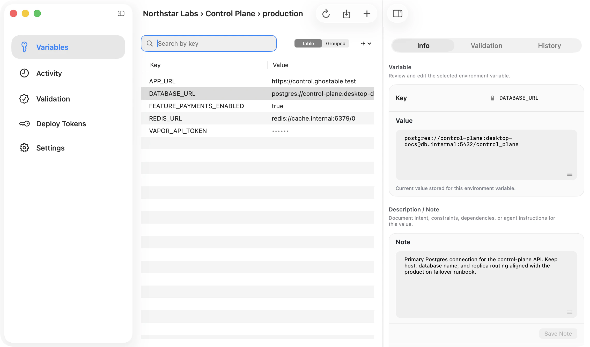 Ghostable desktop environment window showing a selected variable with the detail pane open on the Info tab.