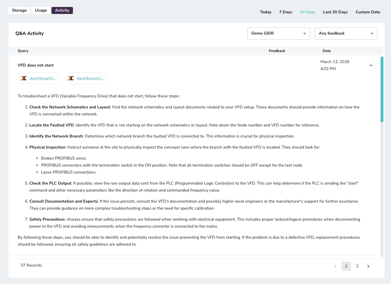 Q&Aアクティビティのアクティビティビュー