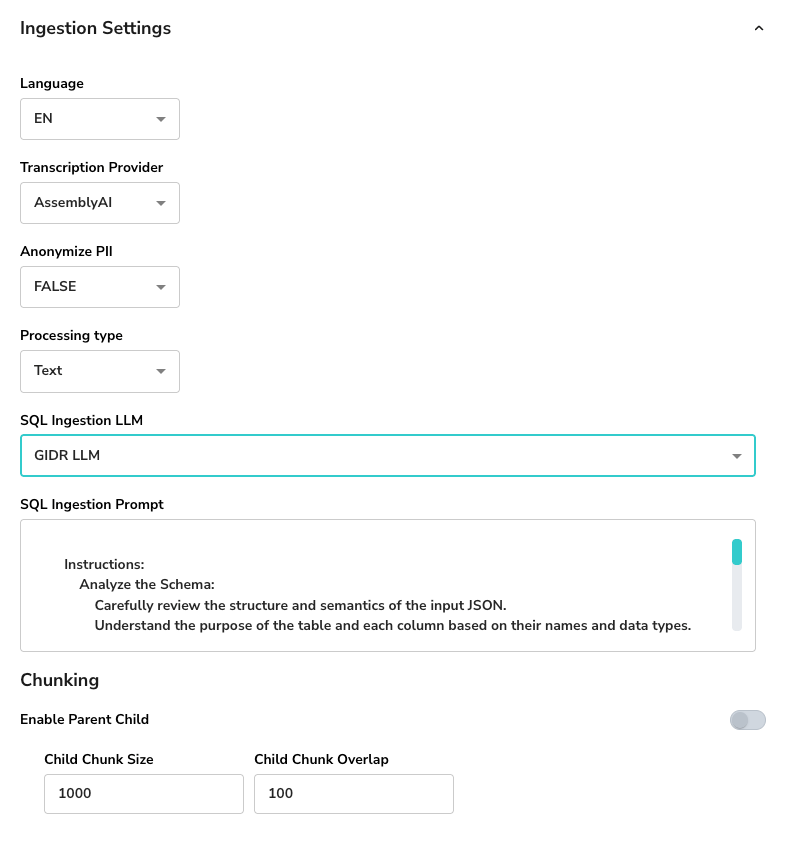 Ingestion Settings Text Mode