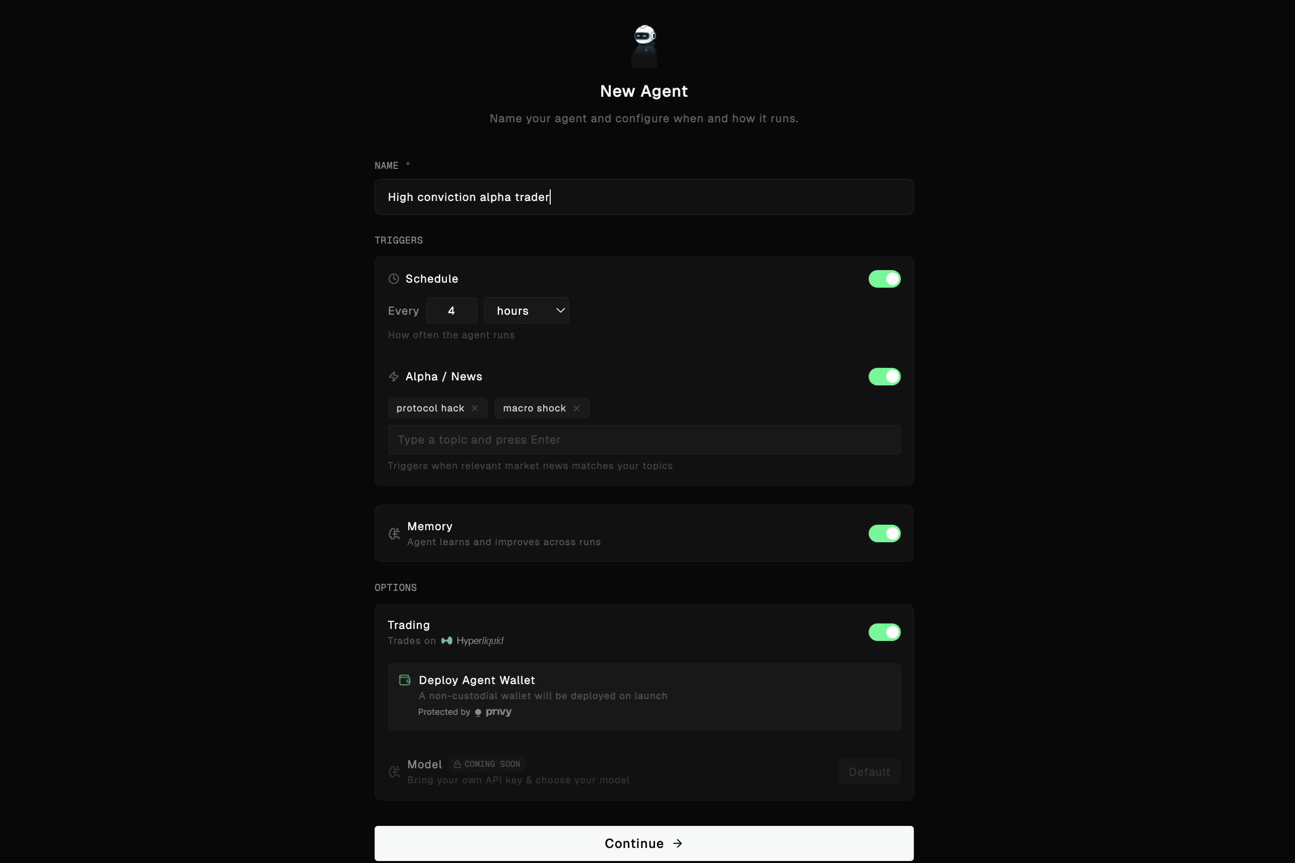 New agent configuration - name, triggers, memory, and trading options