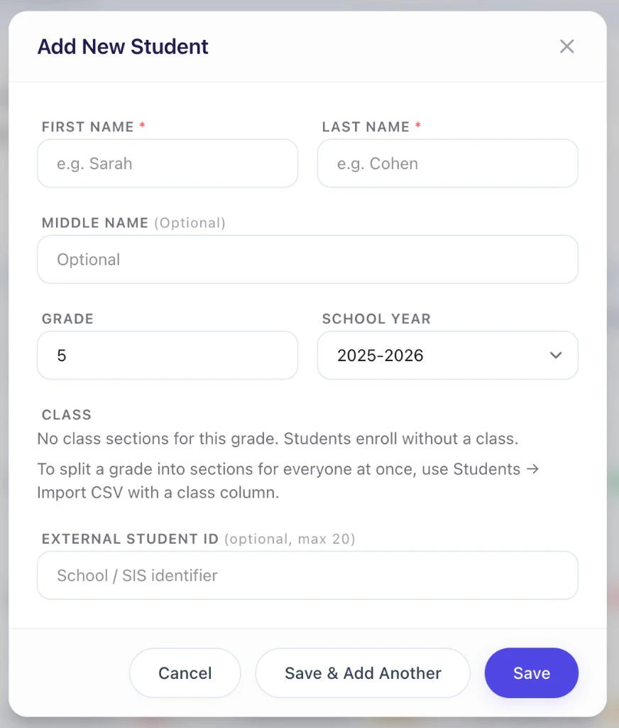 Add Student modal with required and optional fields