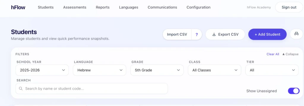 Admin Students header with import, export, and add controls