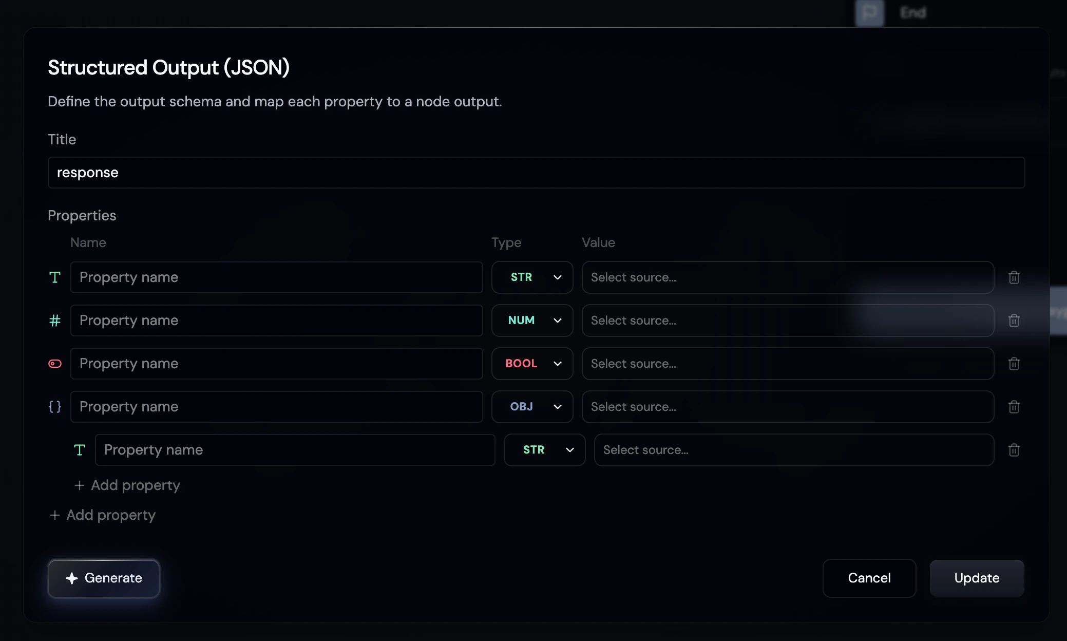Structured Output (JSON) definition dialog