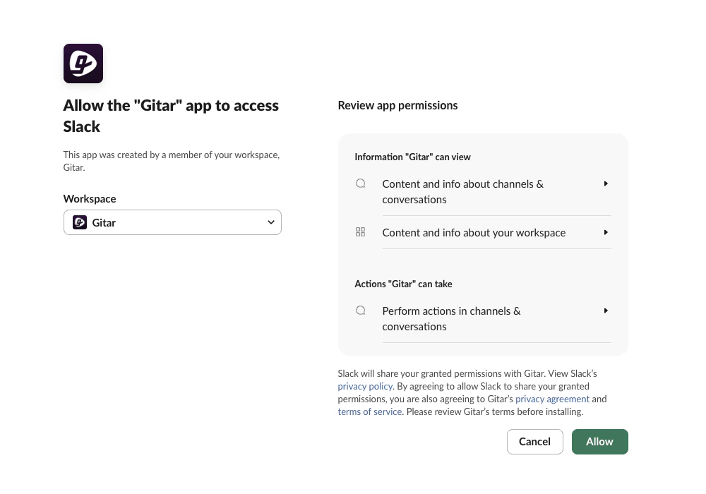 Slack OAuth authorization page