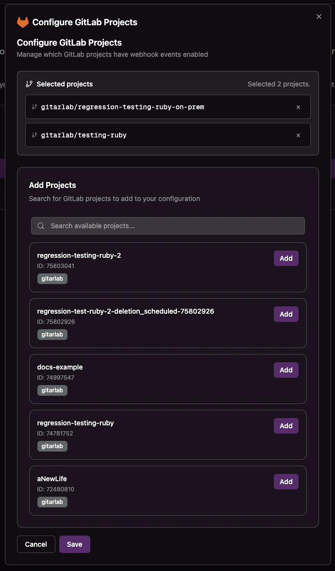 Configure GitLab projects screen showing repository selection