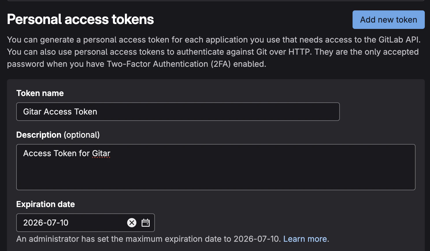 GitLab Personal Access Token generation screen showing token name and expiration settings