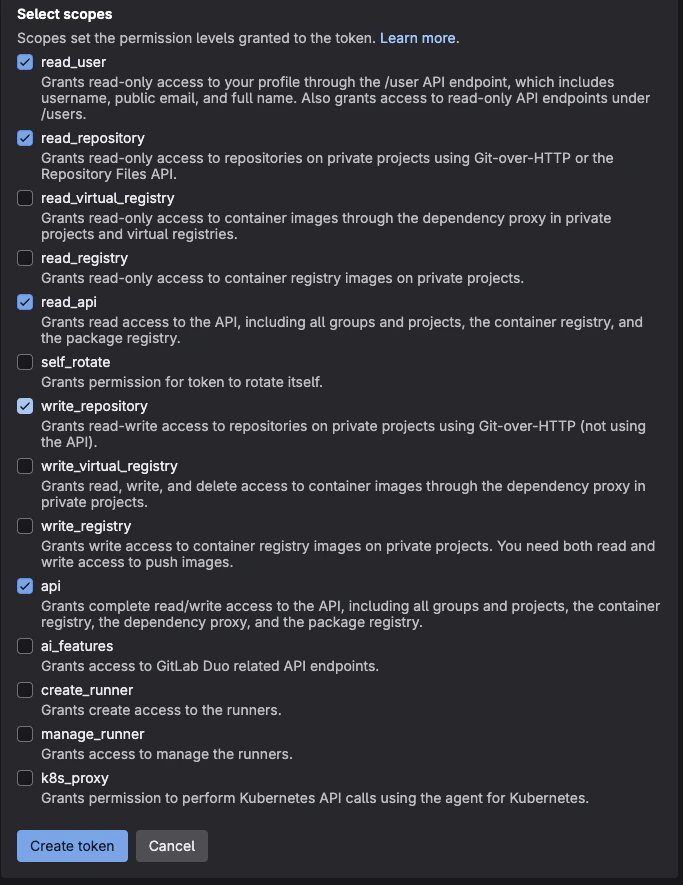 GitLab Personal Access Token generation screen showing required scopes selection