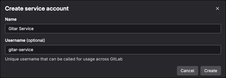GitLab service account creation screen
