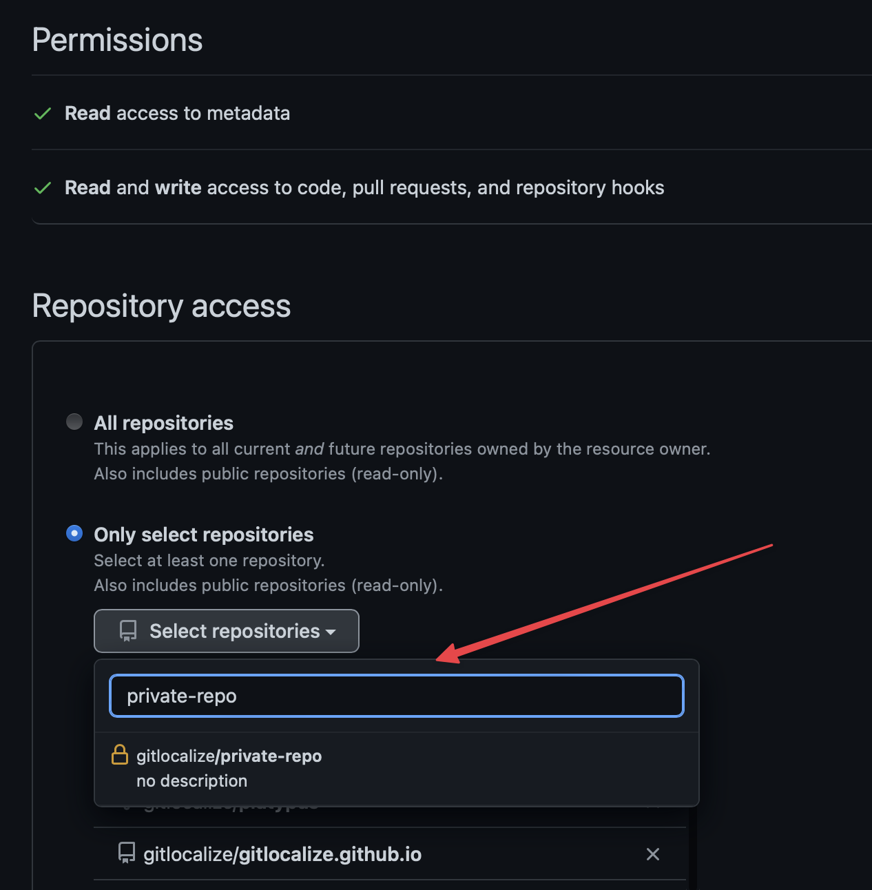 Granting the GitLocalize App access to a repository on GitHub