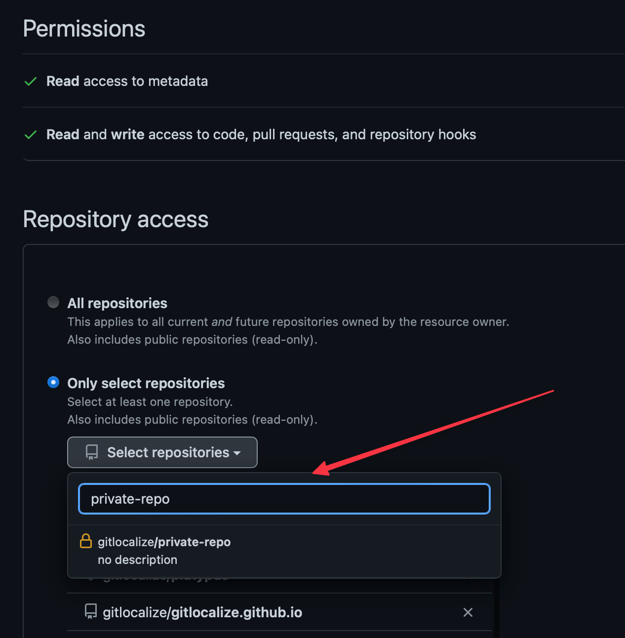 Granting the GitLocalize App access to a repository on GitHub