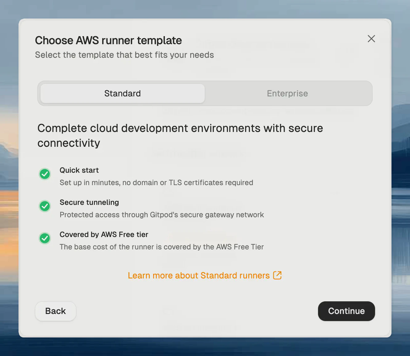 CloudFormation template selection showing available Runner template options